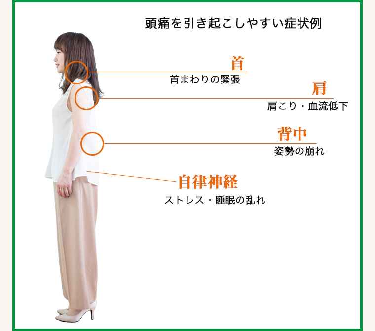 頭痛を引き起こしやすい症状例（首・肩・背中・自律神経）